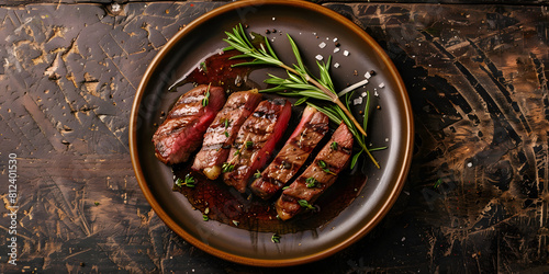 Gourmet medium rare steak on rustic plate
