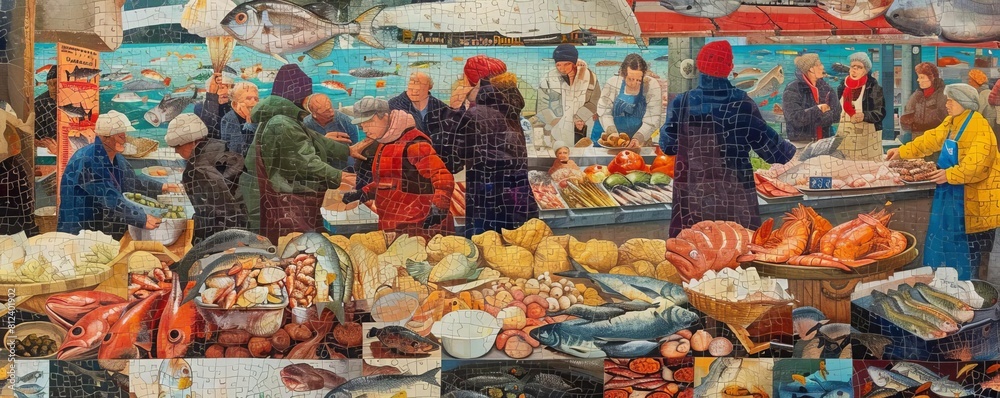 Craft a collage that depicts the bustling atmosphere of a seafood market in Norway, with colorful displays of fish, shellfish, and other marine delicacies, conveying the rich culinary heritage of the