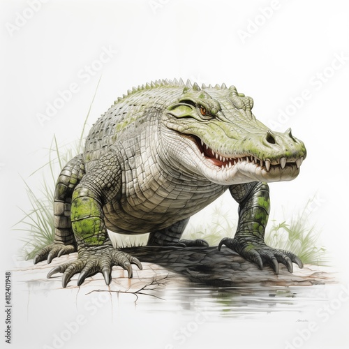Illustrate a powerful adult crocodile standing proudly  its horn prominent  against a pristine white backdrop 