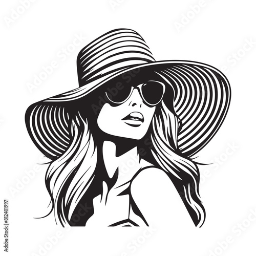Girl In Sunglasses Beach Style And Summer. Beach Hat And Sunglasses image vector © Hera