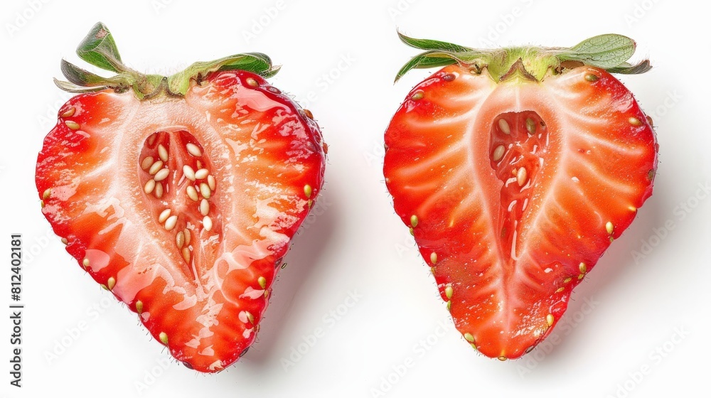 Top view of a strawberry cut in half, revealing the bright red interior and seeds, isolated on white Top view of a strawberry cut in half, revealing the bright red interior and seeds, isolated on white