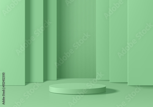 3D round product podium background in green color with layers wall scene. Abstract composition in minimal design. 3D studio showroom product pedestal, Fashion showcase mockup scene. Banner cosmetic.