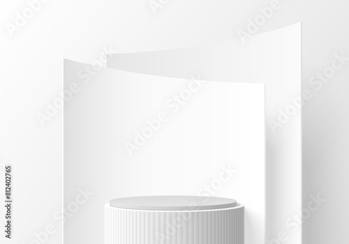 3D round product podium in white color background with curve wall backdrop. Abstract composition in minimal design. 3D Studio showroom product pedestal, Fashion showcase mockup scene. Banner cosmetic