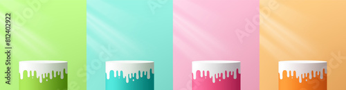 Set of 3D product podium background in colorful color with white melting or drop drip on top. Abstract composition in minimal design. Studio showroom product pedestal, Fashion showcase mockup scene.