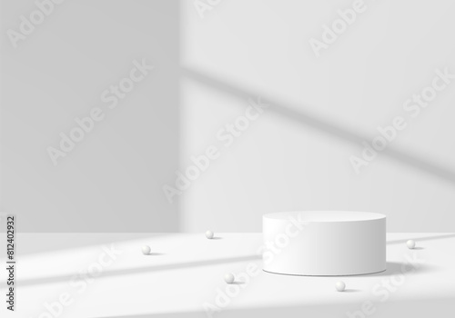 3D product podium background in white color with window light and shadow. Abstract composition in minimal design. 3D studio showroom product pedestal  Fashion showcase mockup scene. Banner cosmetic.