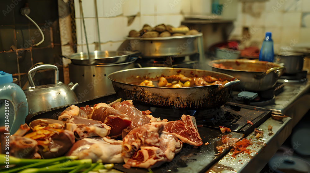 Busy Kitchen Counter with Fresh Meat and Vegetables During Meal Preparation Busy Kitchen Counter with Fresh Meat and Vegetables During Meal Preparation