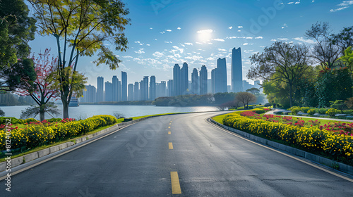 View of road highway with lake garden and modern city photo