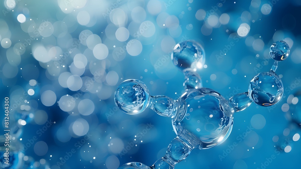 3D rendering of a transparent molecular structure containing carbon and keratin spheres on a blue background. creating depth through light reflections on bubbles and particles.
