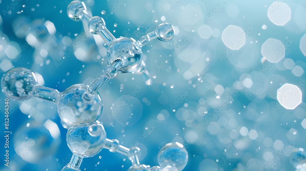3D rendering of a transparent molecular structure containing carbon and keratin spheres on a blue background. creating depth through light reflections on bubbles and particles.
3D rendering of a transparent molecular structure containing carbon and keratin spheres on a blue background. creating depth through light reflections on bubbles and particles.