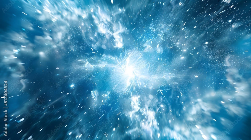 A blue background with white rays of light and geometric shapes radiating from the center, creating an explosion effect.
