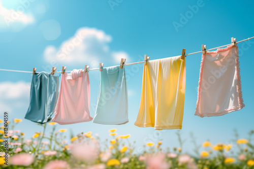 A delightful image showcasing a row of colorful fabrics drying on a clothesline  set against a cheerful backdrop of blue skies and blooming flowers