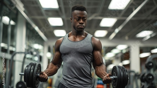 A muscular African-American man is doing bicep curls with dumbbells in a gym. He is wearing a gray tank top and black shorts. He has a serious expression on his face.