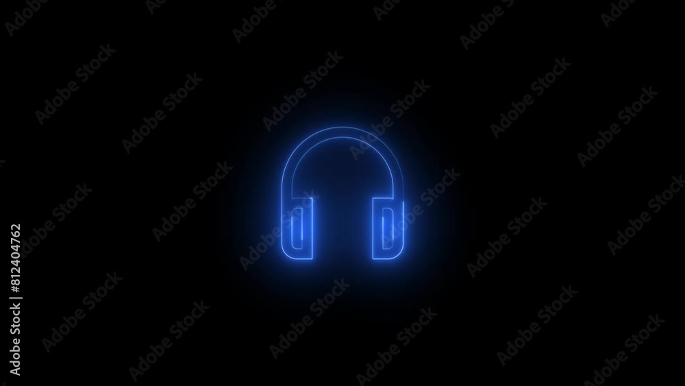 Neon glowing blue color headphone icon on black background animation