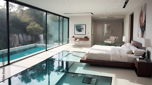 modern bedroom, with glass floor, above a swimming pool