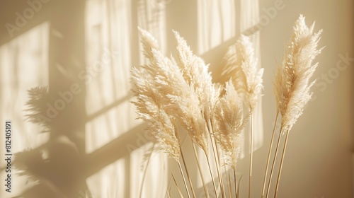 A bouquet of pampas grass in the foreground against a beige wall with beautiful sunlight and shadows, creating an elegant composition. 