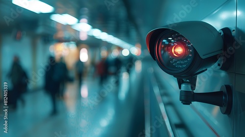 An AI camera at the airport capturing people in motion, with blurry hallways and security cameras providing background for advertising. 