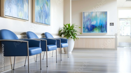 A mockup frame with calming abstract art decorates the hospital's waiting room, promoting relaxation.