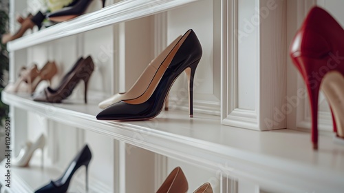 A pair of elegant high heels on display in an open, white wall shelf with other shoes. 
