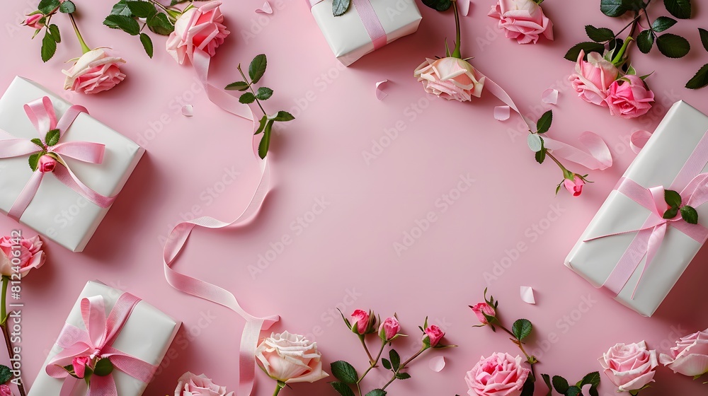 A pink background with small roses and ribbons, gifts wrapped in white paper are arranged on the left side of the picture. creating an elegant atmosphere for Mother's Day or other special events.
A pink background with small roses and ribbons, gifts wrapped in white paper are arranged on the left side of the picture. creating an elegant atmosphere for Mother's Day or other special events.