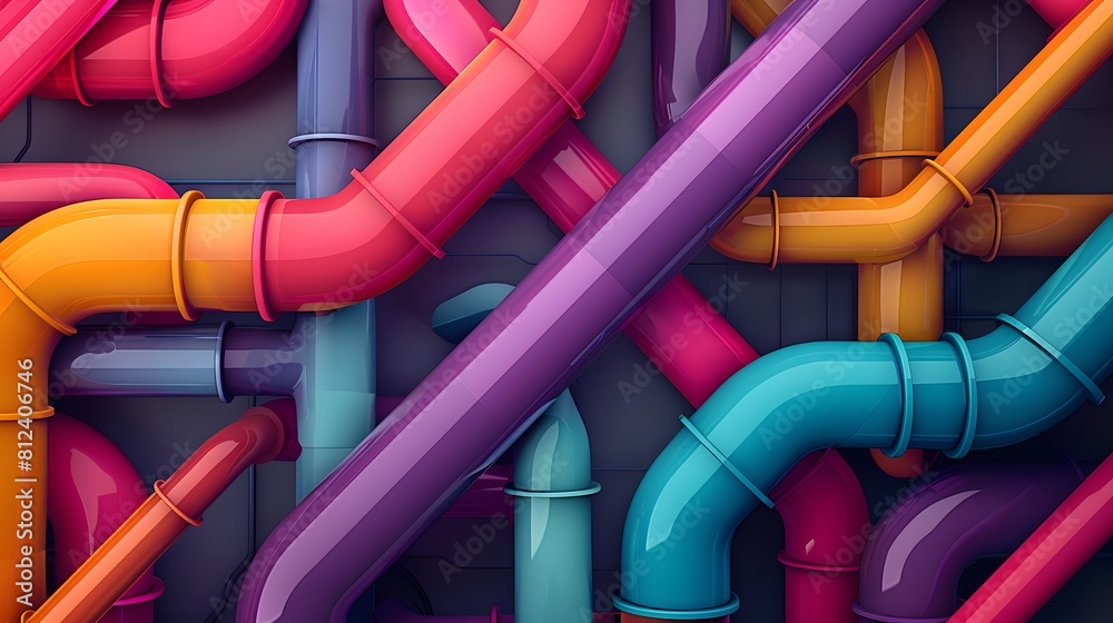 Colorful pipes of varying sizes and shapes arranged in an abstract pattern, representing the concept of water flow through menu system designs. 
