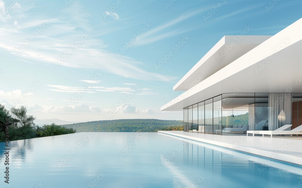 Fototapeta premium Perspective of luxury modern house with swimming pool in day time on green lake background, blue sky, Idea of minimal modern architecture design. 3D rendering