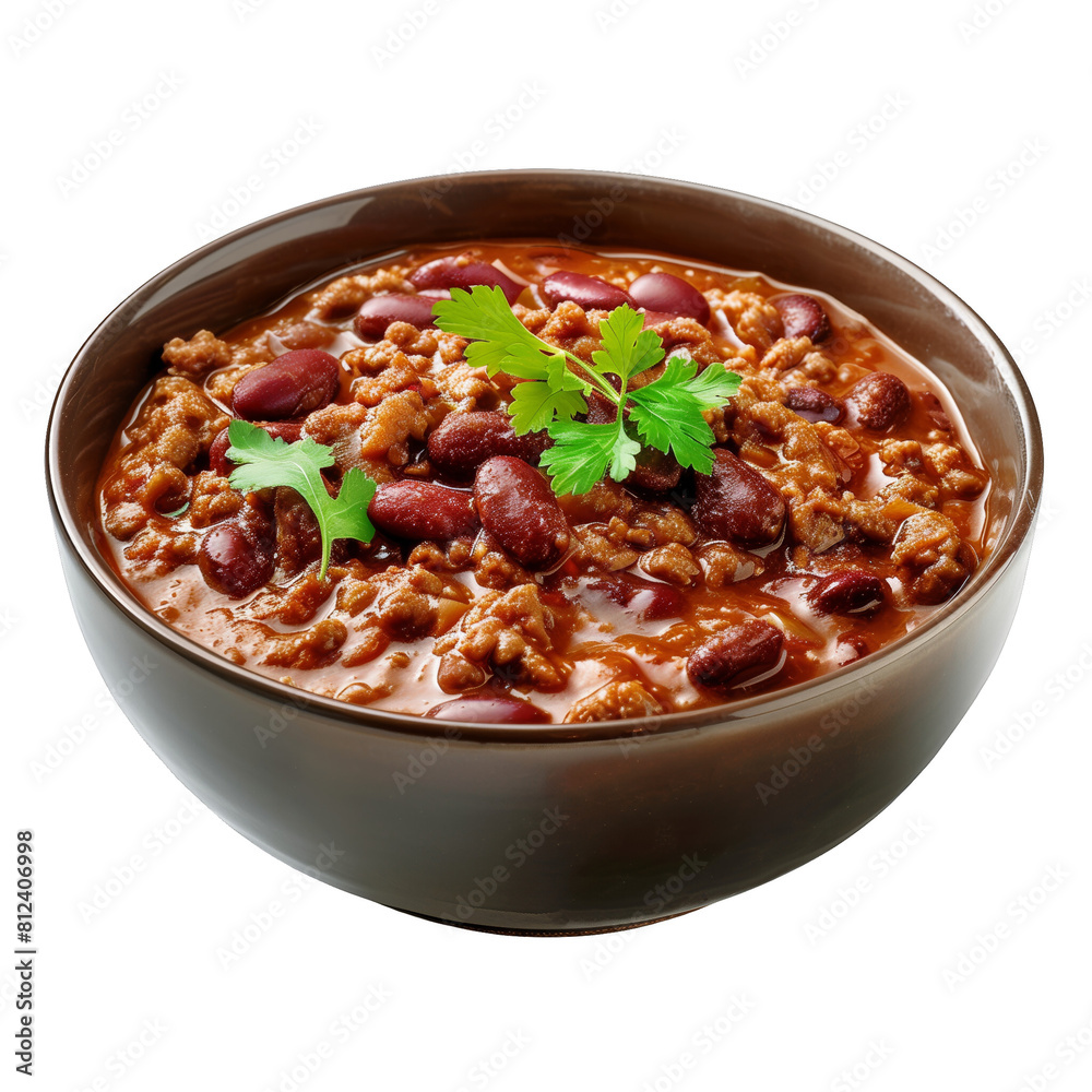 This hearty bowl of chili is made with ground beef, beans, tomatoes, and spices. It's the perfect comfort food. isolated on a transparent background This hearty bowl of chili is made with ground beef, beans, tomatoes, and spices. It's the perfect comfort food. isolated on a transparent background