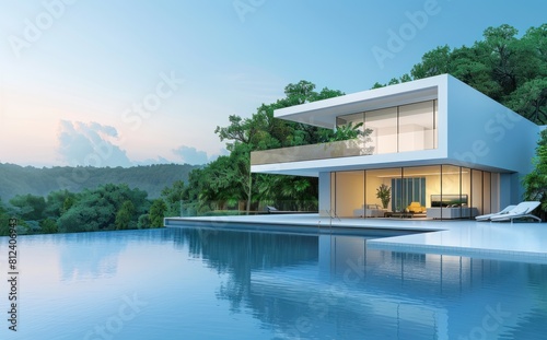 Perspective of luxury modern house with swimming pool in day time on green lake background, blue sky, Idea of minimal modern architecture design. 3D rendering