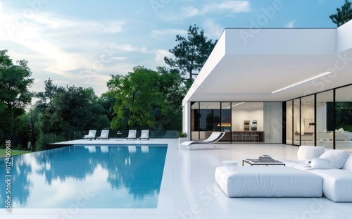 Perspective of luxury modern house with swimming pool in day time on green lake background  blue sky  Idea of minimal modern architecture design. 3D rendering