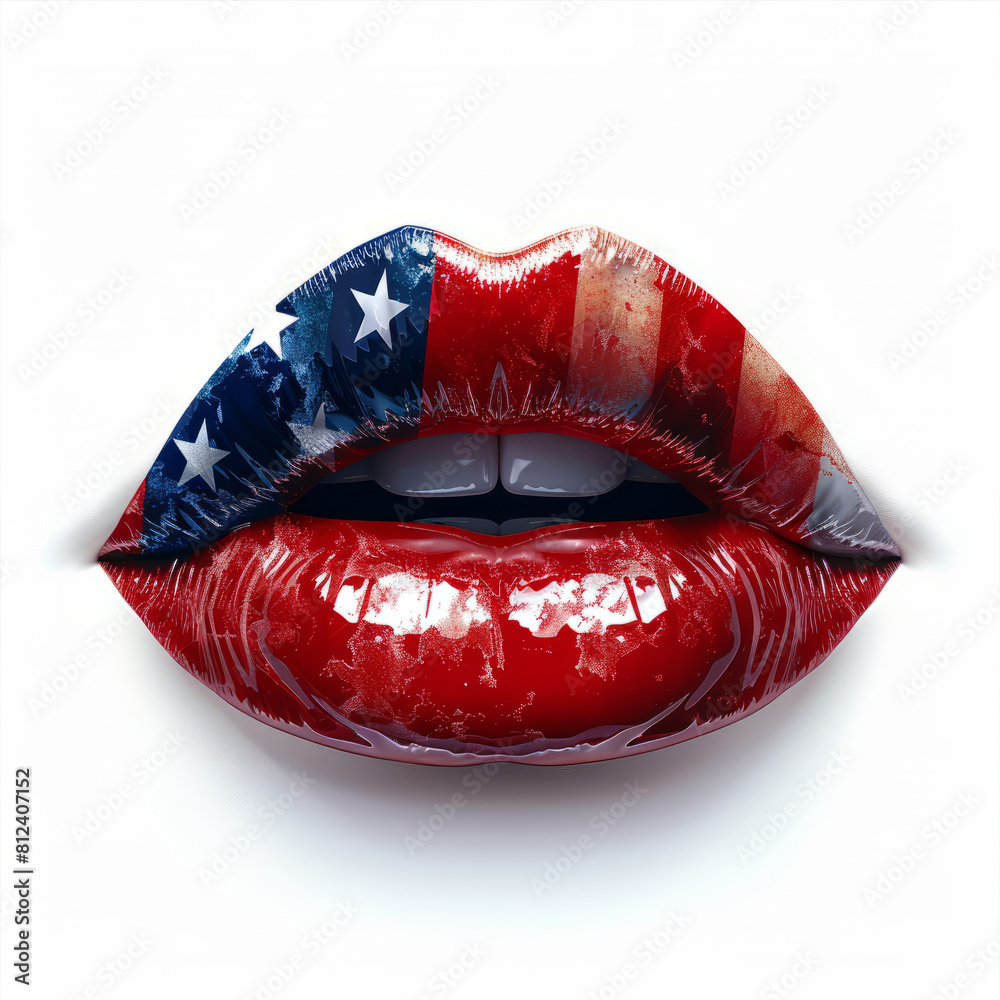 Glossy lips adorned with vibrant American flag print, celebrating cultural diversity.generative ai Glossy lips adorned with vibrant American flag print, celebrating cultural diversity.generative ai