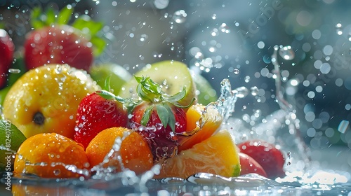 Fruits splashing in water  closeup of fruit with blurred background of fruits 
