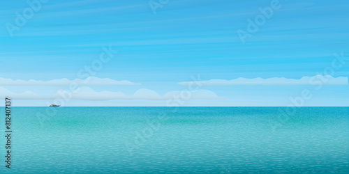 Tropical blue sea with yacht at the horizon have blue sky background vector illustration. Seascape concept side view flat design have blank space. © Wasitt