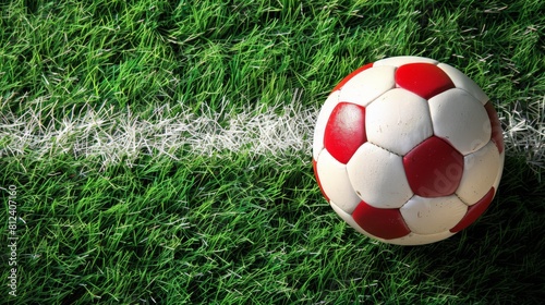 a red and white soccer ball on the line of a soccer field