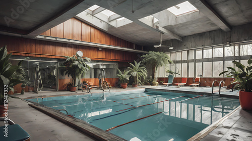 fitness  gym  swimming pool  avangard  interior  cozy  wood  concrete  aluminium  mid century  soviet union  retro  plants