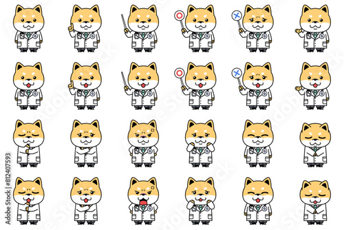 医師（白衣）のコスプレをした柴犬のキャラクターセット