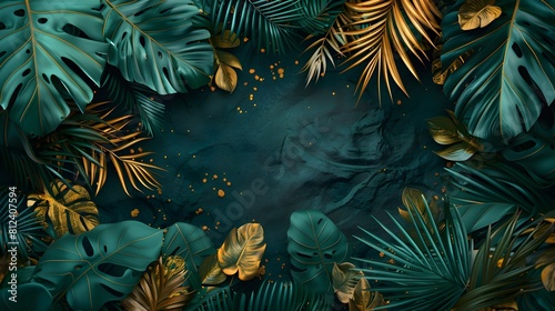 Luxury gold and green tropical leaves on a dark background banner with copy space, in the style of a vector illustration. 