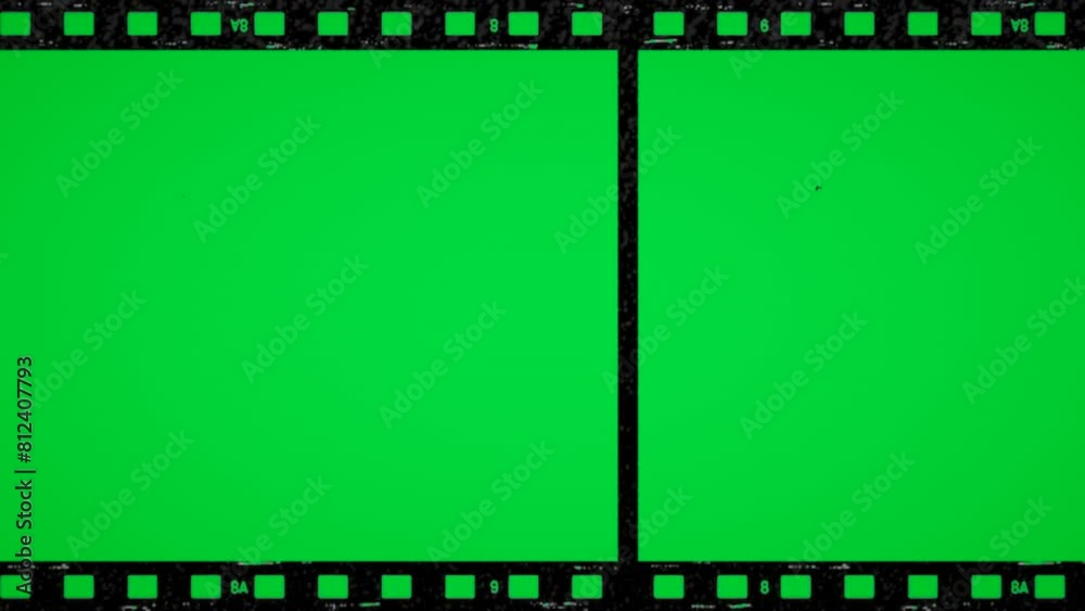 Green screen loop footage of old negative film strip frame. Slow animated from right to left horizontally with old movie effect on it. Good to use in your videos and projects. Chroma key background.