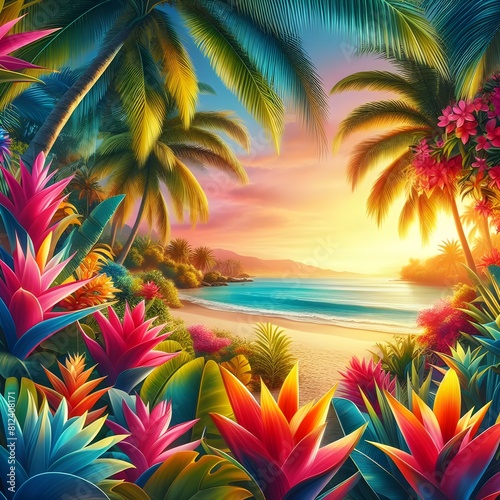 Vibrant tropical flora, paradise beach scene, vivid colors, ambient lighting, realistic photography style, exquisite details.