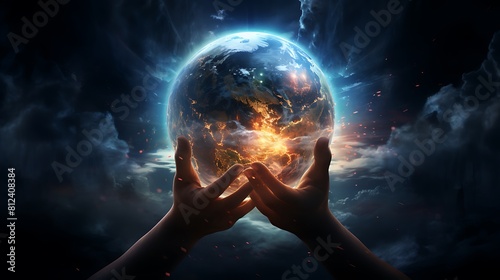 A digital painting of Earth with hands reaching out to protect it from harm for Earth Day. photo