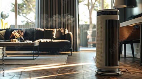 Detailed image of a nextgeneration air purifier in a home setting, focusing on its sleek design and filter system photo