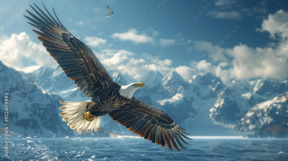 American flag waving in the wind with a majestic bald eagle flying in the foreground,generative ai American flag waving in the wind with a majestic bald eagle flying in the foreground,generative ai