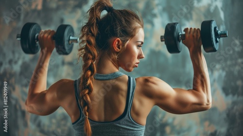 A muscular woman with long brown hair in a ponytail works on her biceps with dumbbells.