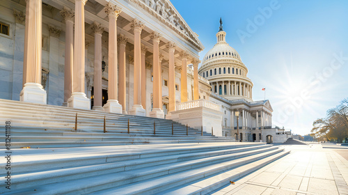 View of the dome, columns, and steps of the Capitol Building in Washington, DC, USA, in the early morning light