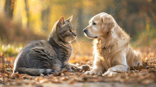 A Golden Retriever and a British cat