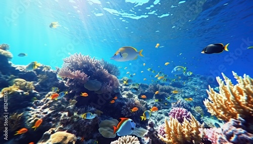 Tropical fish in the underwater, coral reef, amazing underwater life, various fish and exotic coral reefs, ocean wild creatures background