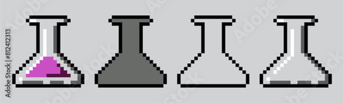 pixel art of chemical bottle, potion Chemical test tube. Glass tube. Flask template. Glass container. Flask of poison. 8 bit 16 bit retro game	