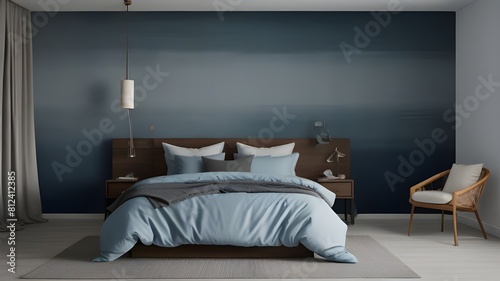 Grey and blue bedding on bed against ombre wall in minimal bedroom interior with ladder Generative AI 