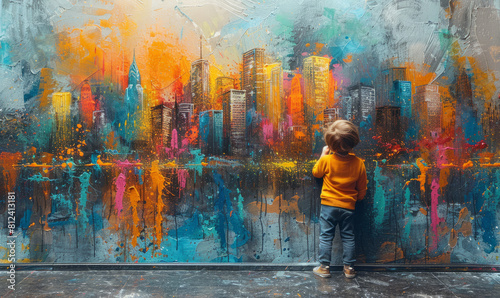 A child drawing pictures on the wall, colorful and happy atmosphere,generative ai