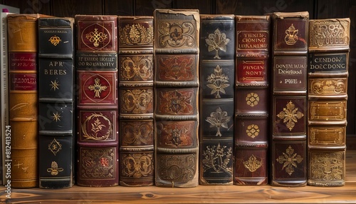 Represent a collection of leatherbound classic books in a private library, each spine richly decorated and wellpreserved photo