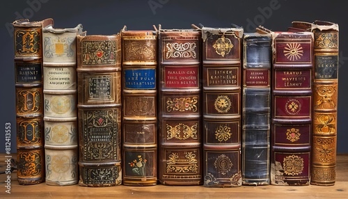 Represent a collection of leatherbound classic books in a private library, each spine richly decorated and wellpreserved photo