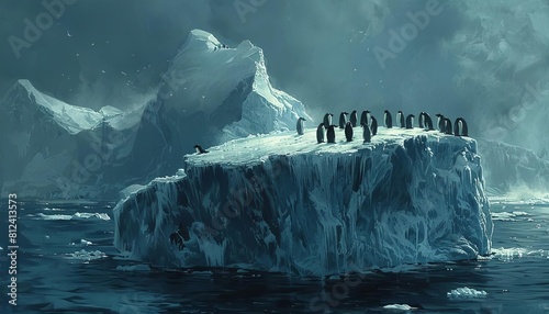 Represent a colony of penguins huddled together on an Antarctic iceberg, their sleek forms enduring the bitter cold with stoic resilience photo